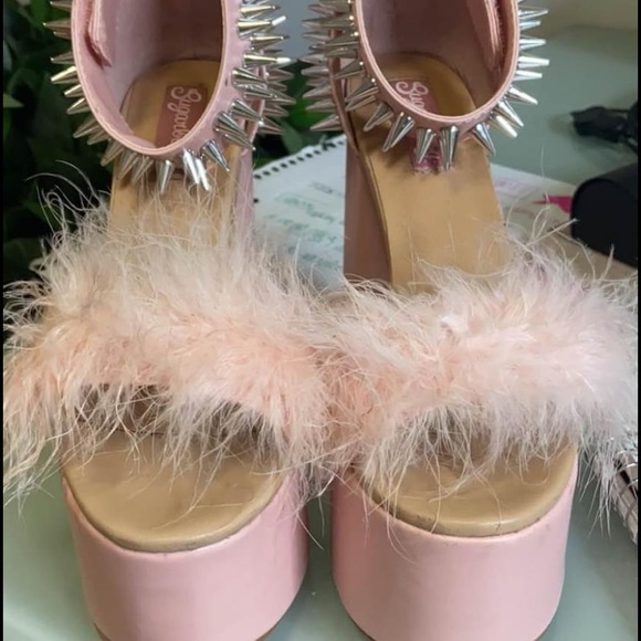 Dolls Kill Sugarbaby brand pink platforms with feathers and studs - Picture 2 of 3